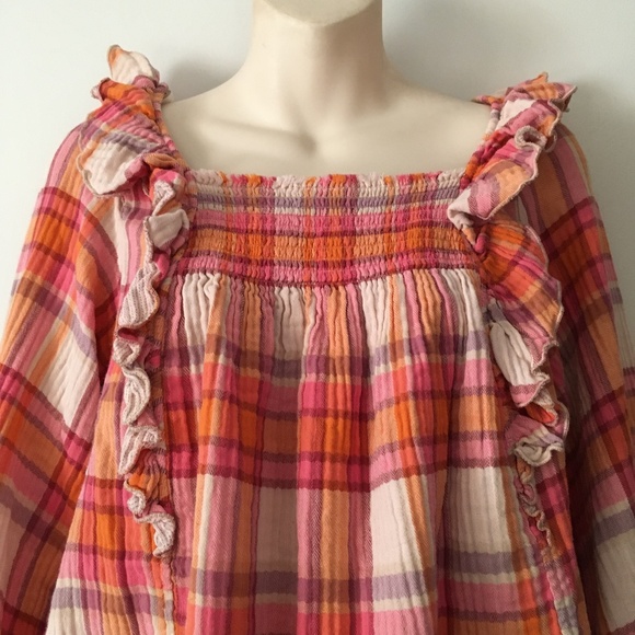 FREE PEOPLE Siena Plaid Pullover Cotton Smocked Ruffle Blouse S - Picture 5 of 9
